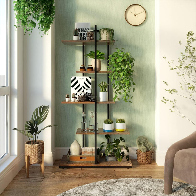 Bookshelf 5 Tier Asymmetrical Staggered Display Shelf Rustic