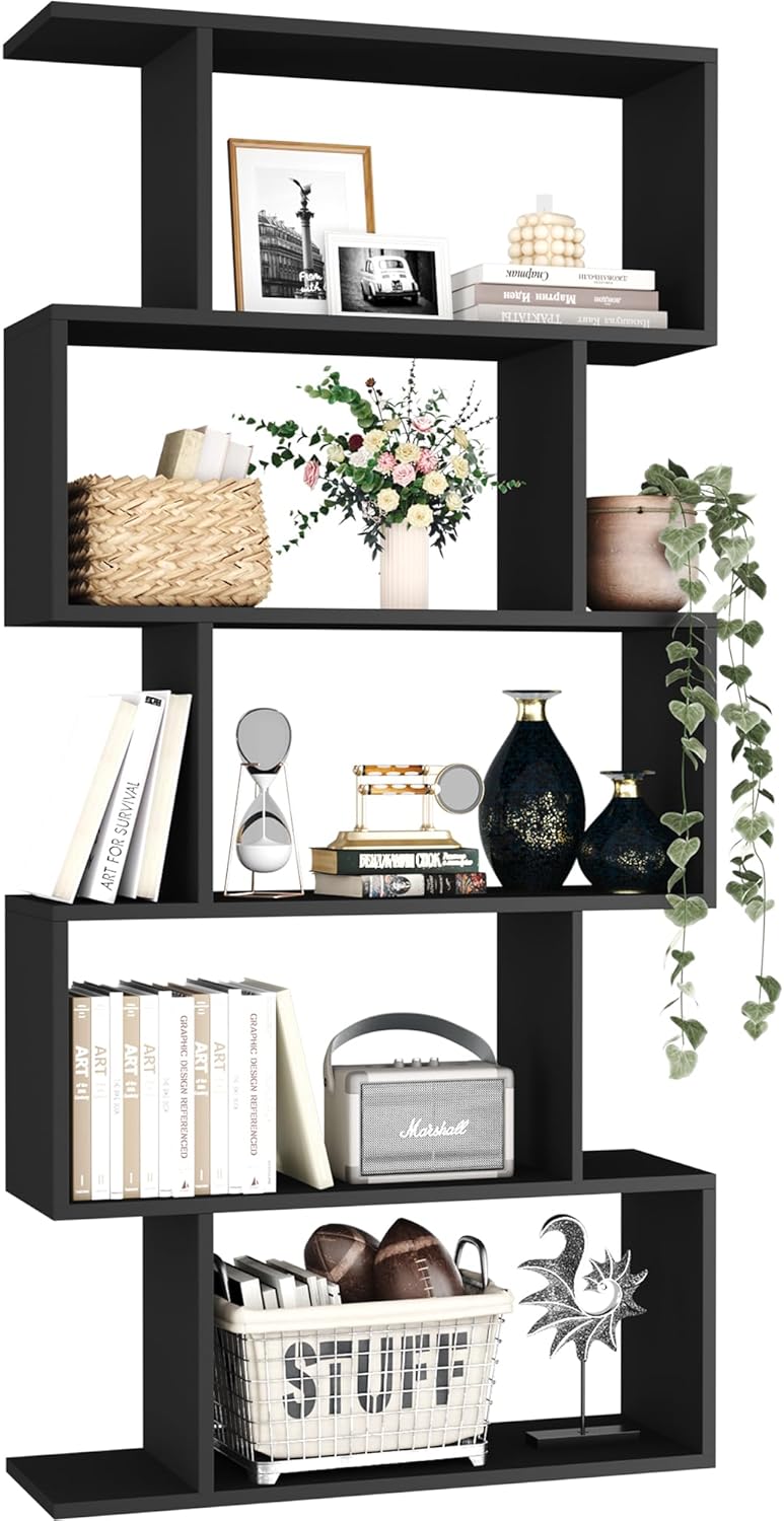 Bookshelf 5-Tier Geometric Bookcase S Shaped Book Shelves