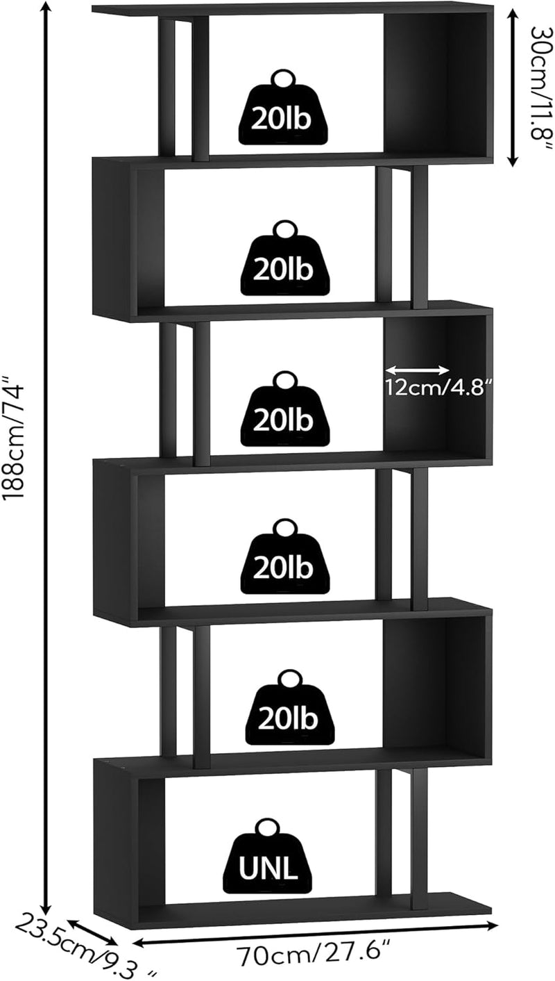 Bookshelf 6-Tier Geometric Bookcase S Shaped Book Shelves