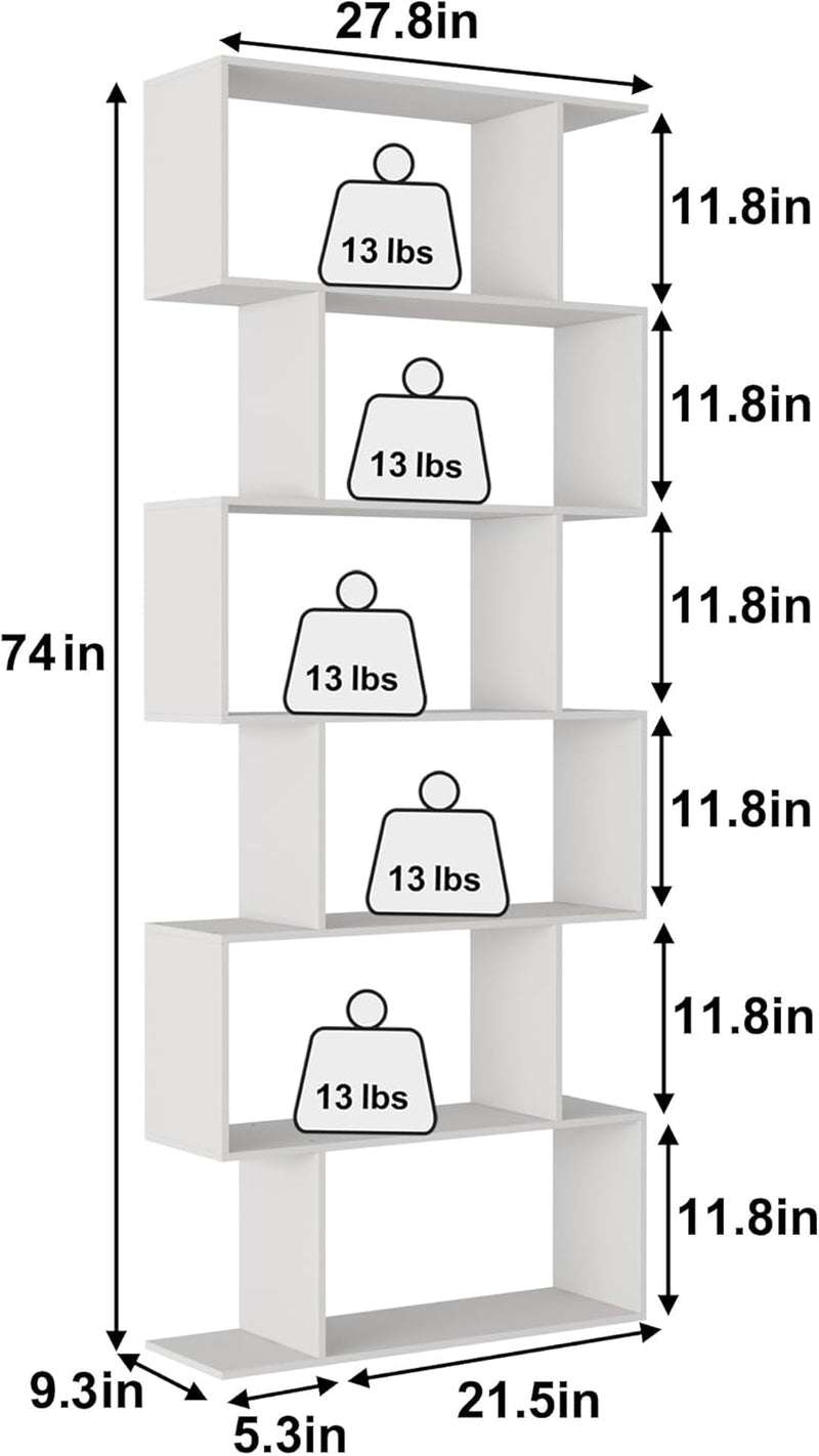 Bookshelf 6-Tier Geometric Bookcase S Shaped Book Shelves