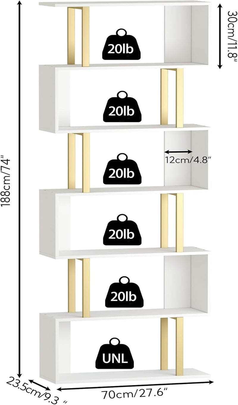 Bookshelf 6-Tier Geometric Bookcase S Shaped Book Shelves