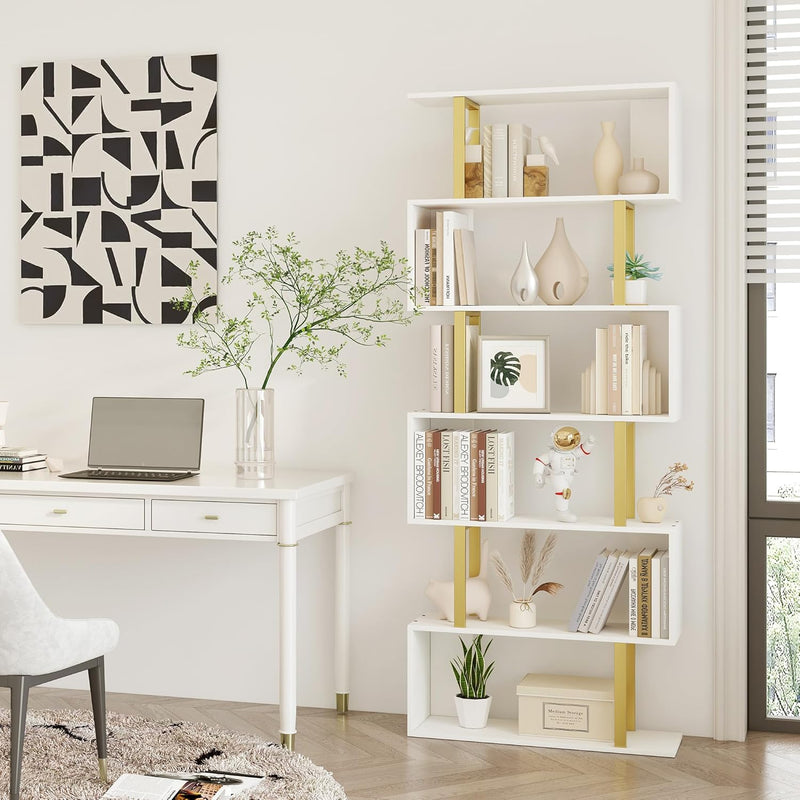 Bookshelf 6-Tier Geometric Bookcase S Shaped Book Shelves