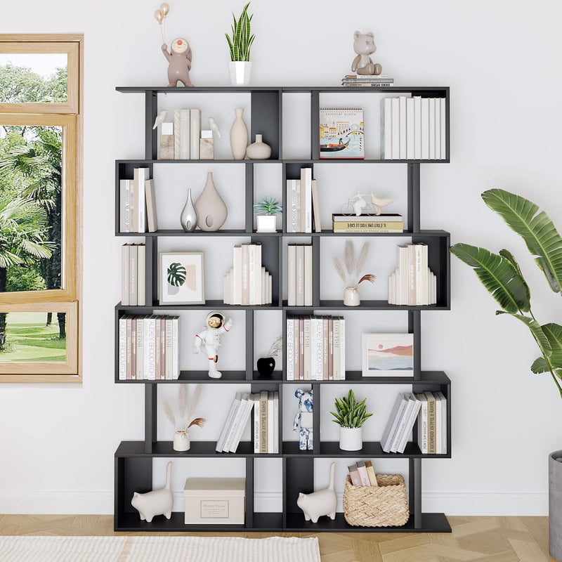 Bookshelf 6-Tier Geometric Bookcase S Shaped Book Shelves