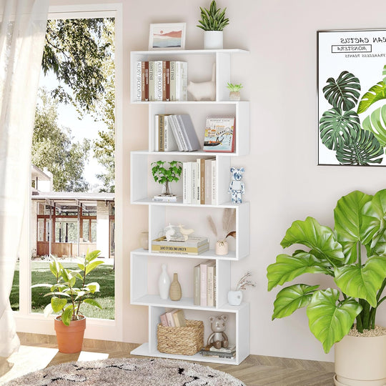 Bookshelf 6-Tier Geometric Bookcase S Shaped Book Shelves