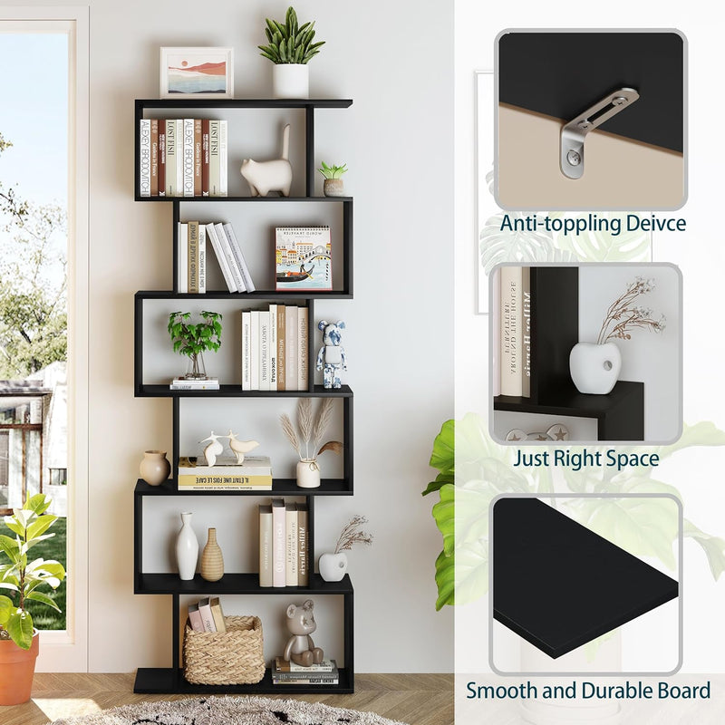 Bookshelf 6-Tier Geometric Bookcase S Shaped Book Shelves