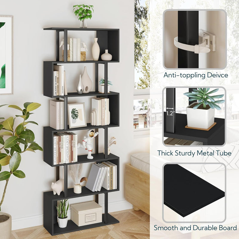 Bookshelf 6-Tier Geometric Bookcase S Shaped Book Shelves
