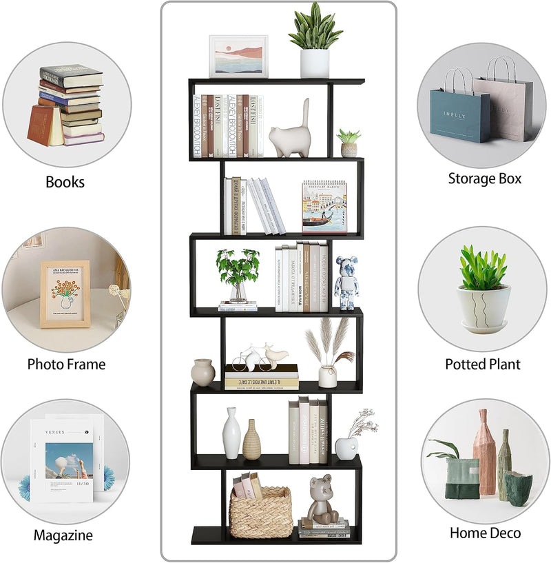 Bookshelf 6-Tier Geometric Bookcase S Shaped Book Shelves