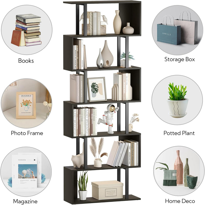 Bookshelf 6-Tier Geometric Bookcase S Shaped Book Shelves