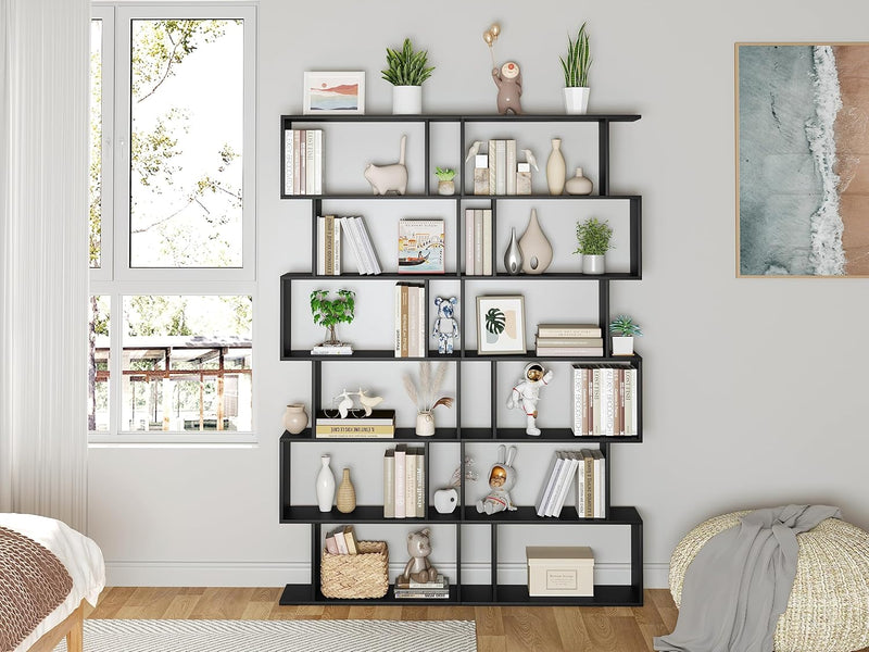 Bookshelf 6-Tier Geometric Bookcase S Shaped Book Shelves