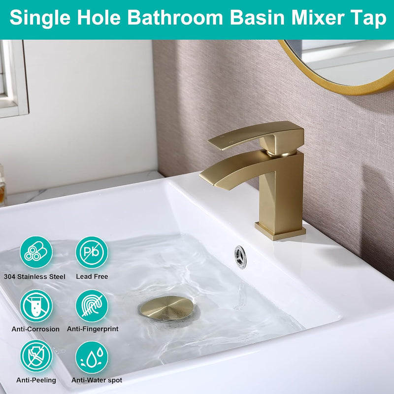 Brushed Waterfall Bathroom Taps with Pop Up Waste
