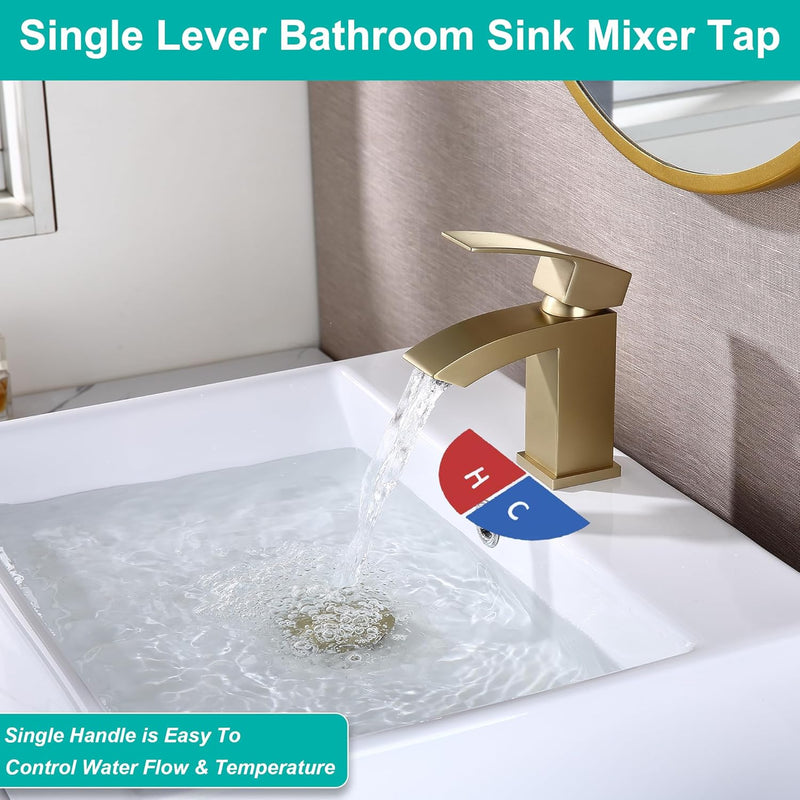 Brushed Waterfall Bathroom Taps with Pop Up Waste