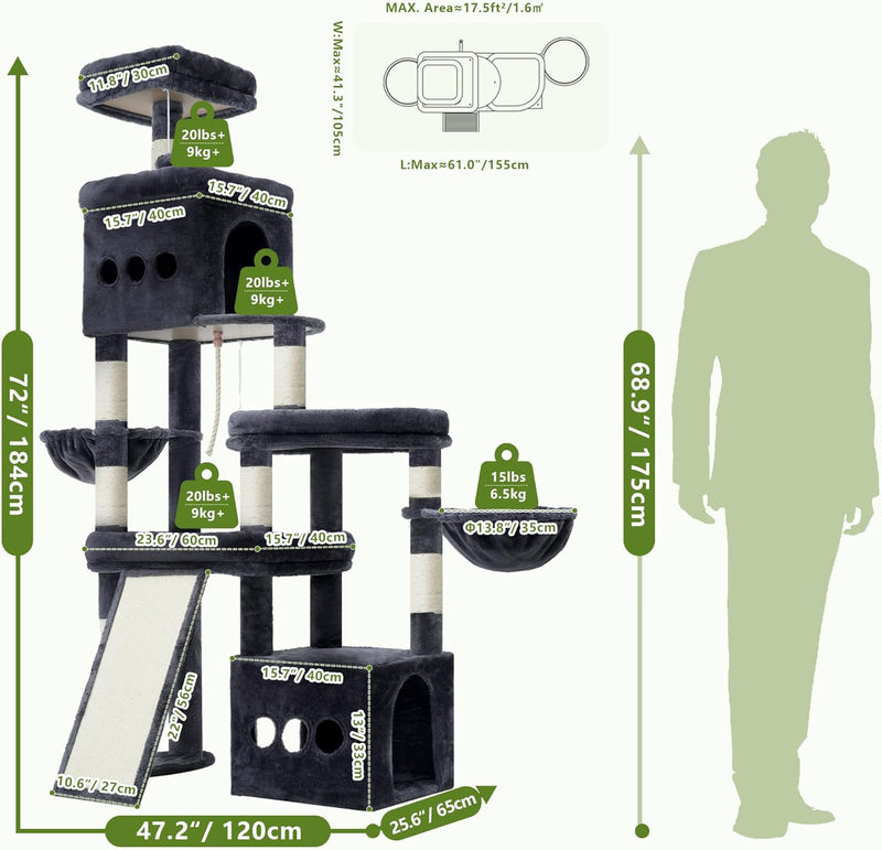 Cat Tree 184CM Anti-Tip Tower for Large