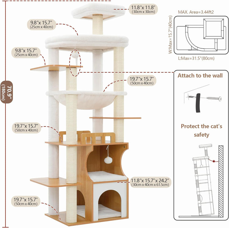 Cat Tree 187CM Wood Tower for Large Cats