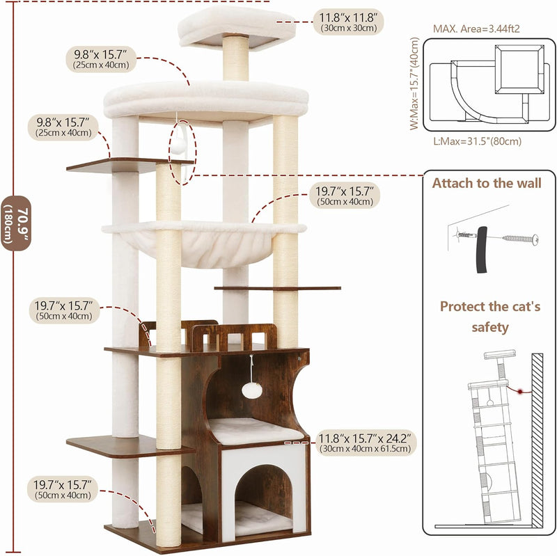 Cat Tree 187CM Wood Tower for Large Cats