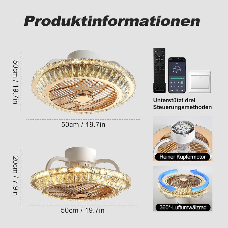 Ceiling Fan with Lamp Crystal LED Light 72W