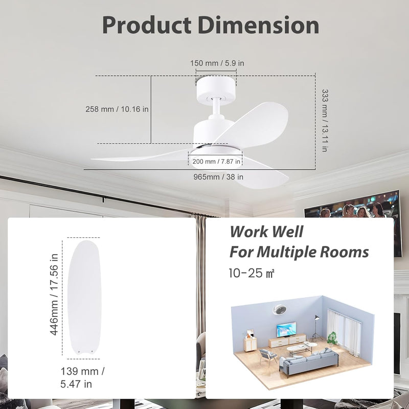 Ceiling Fans with Lights 38inch Small Fan Dimmable