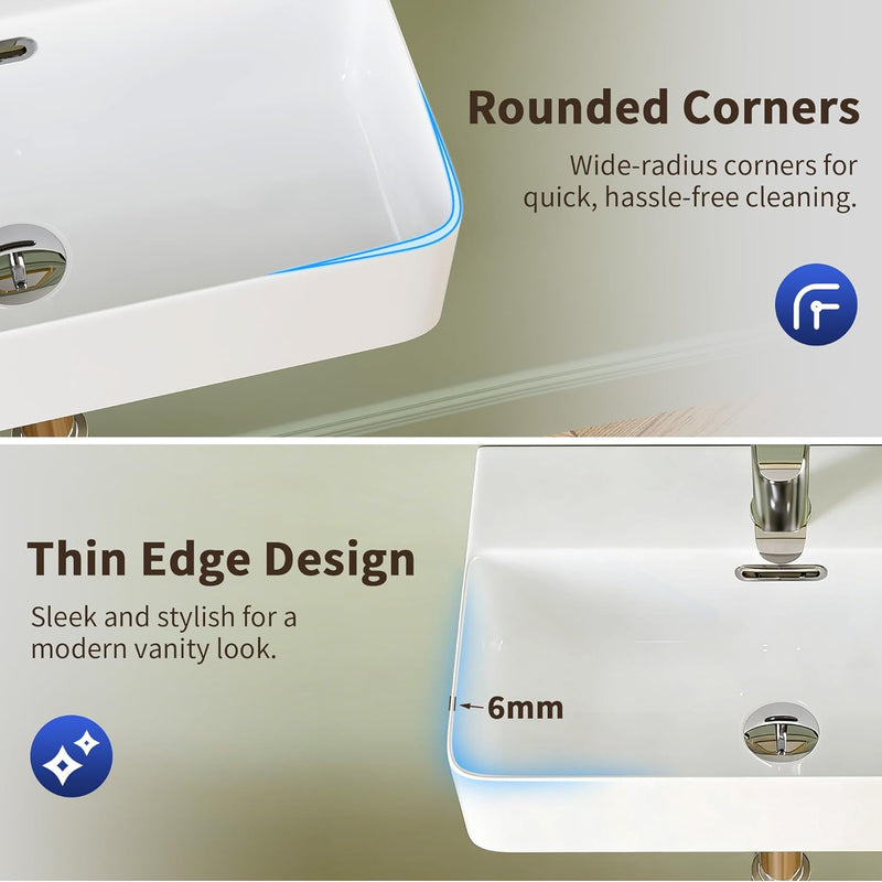 Ceramic Bathroom Sink with Overflow Pop-Up Drain Thin