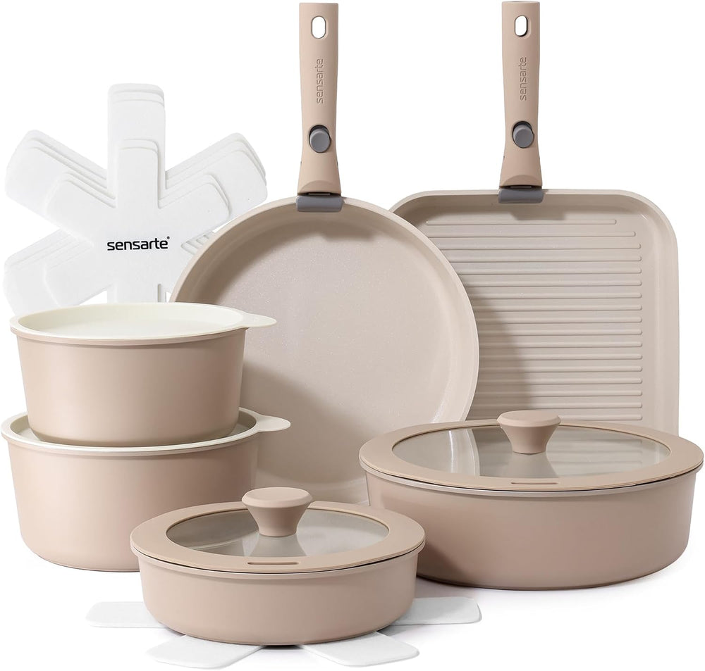 Ceramic Detachable Handle Pots and Pans Set Almond (17 Piece)