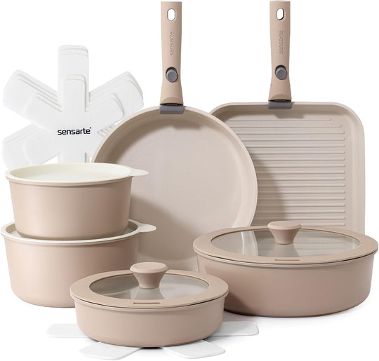 Ceramic Detachable Handle Pots and Pans Set Almond (17 Piece)