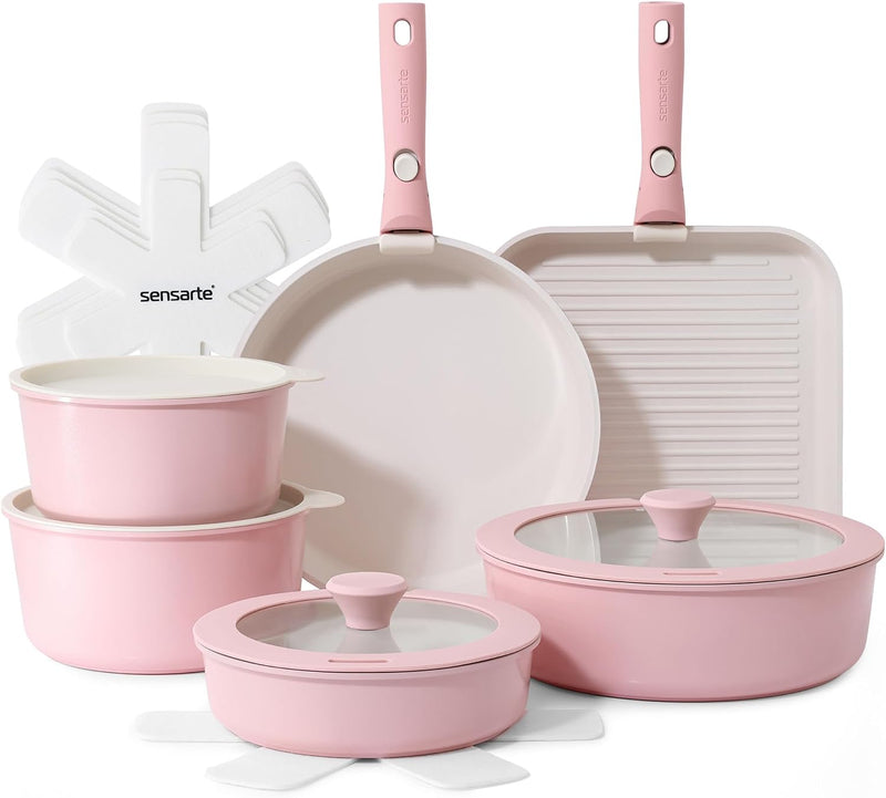 Ceramic Detachable Handle Pots and Pans Set Almond (17 Piece)