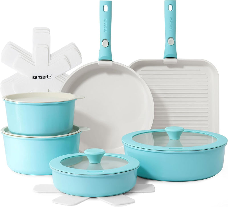 Ceramic Detachable Handle Pots and Pans Set Almond (17 Piece)