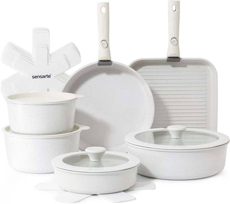 Ceramic Detachable Handle Pots and Pans Set Almond (17 Piece)