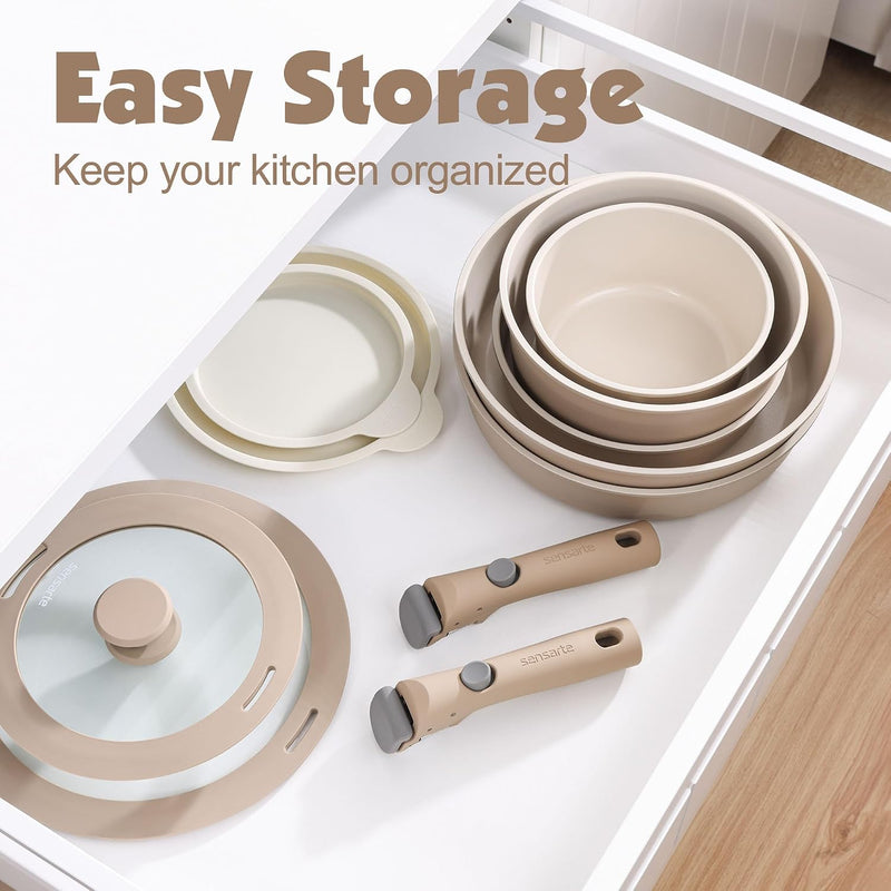 Ceramic Detachable Handle Pots and Pans Set Almond (17 Piece)