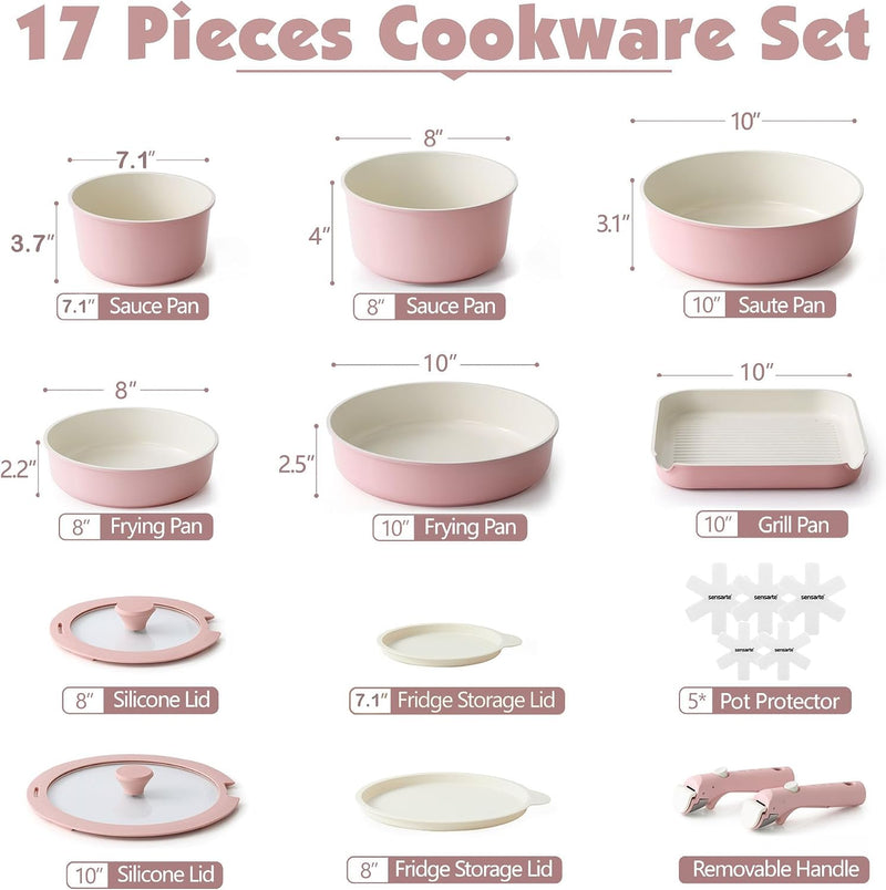 Ceramic Detachable Handle Pots and Pans Set Almond (17 Piece)