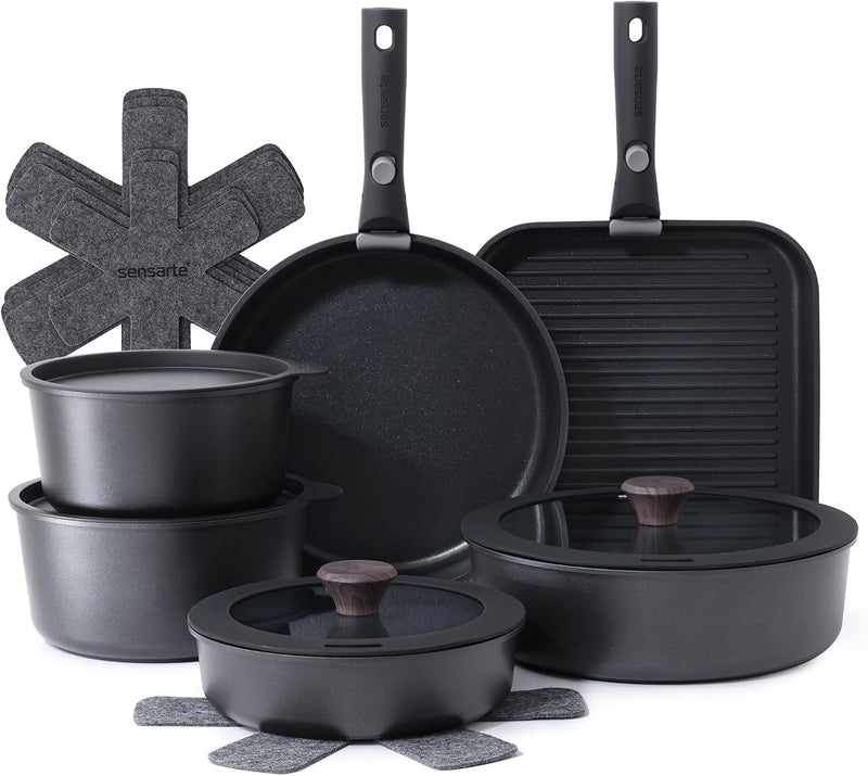 Ceramic Detachable Handle Pots and Pans Set Almond (17 Piece)