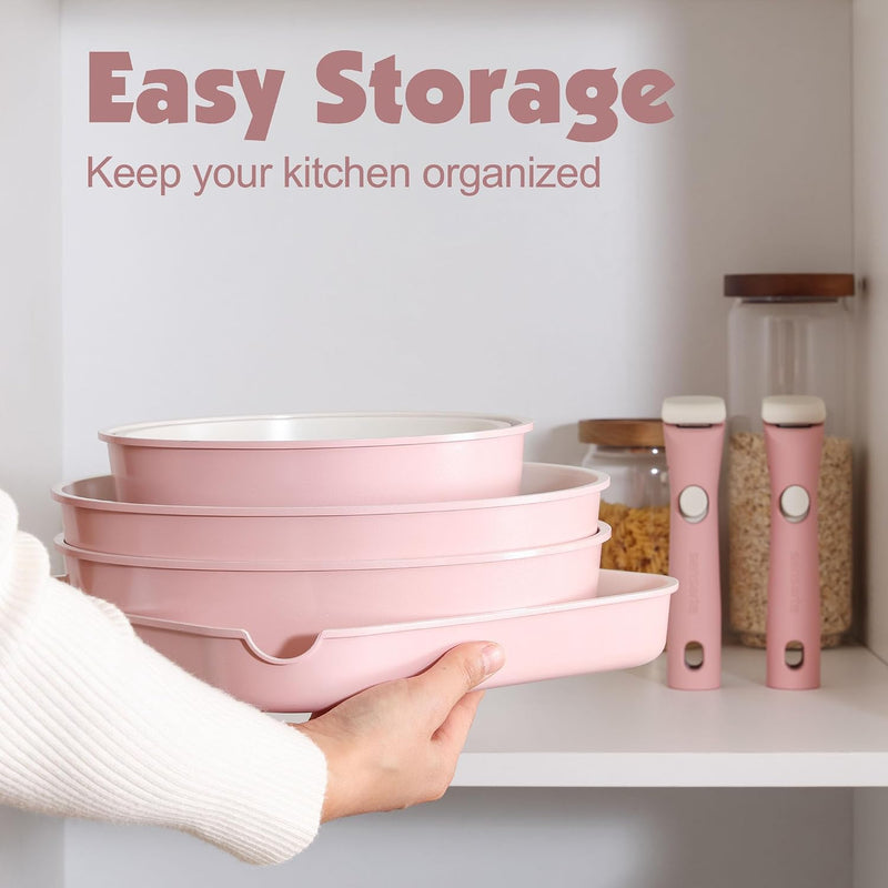 Ceramic Detachable Handle Pots and Pans Set Almond (17 Piece)