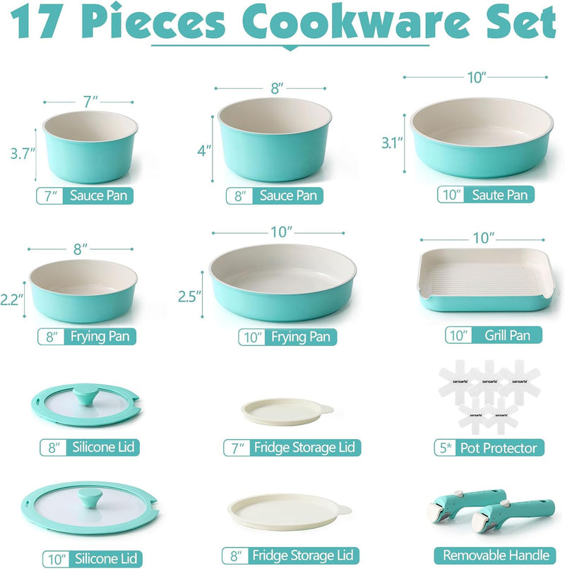 Ceramic Detachable Handle Pots and Pans Set Almond (17 Piece)