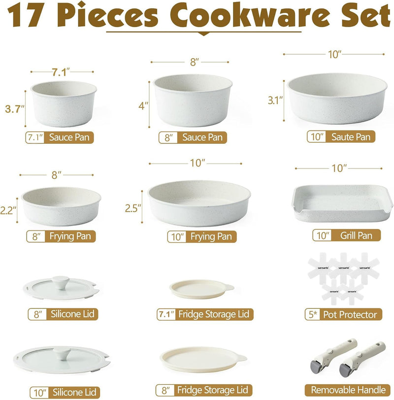 Ceramic Detachable Handle Pots and Pans Set Almond (17 Piece)