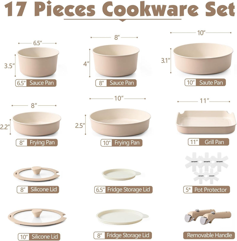 Ceramic Detachable Handle Pots and Pans Set Almond (17 Piece)