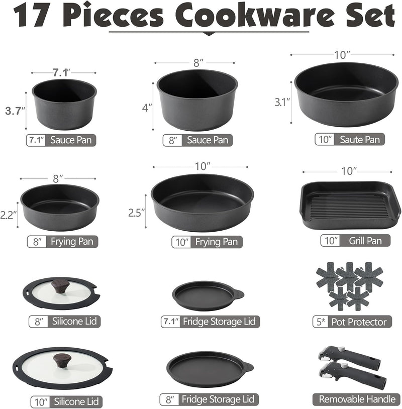 Ceramic Detachable Handle Pots and Pans Set Almond (17 Piece)