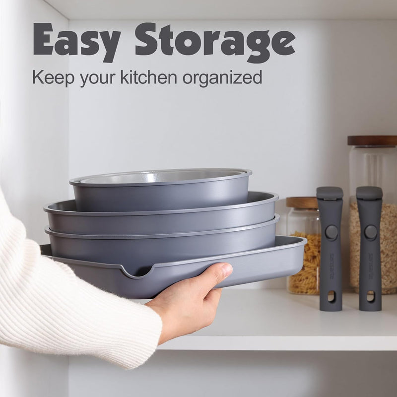 Ceramic Detachable Handle Pots and Pans Set Almond (17 Piece)