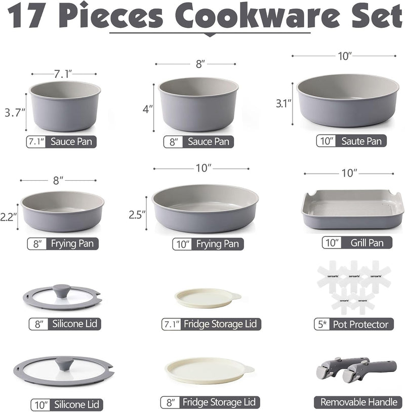 Ceramic Detachable Handle Pots and Pans Set Almond (17 Piece)