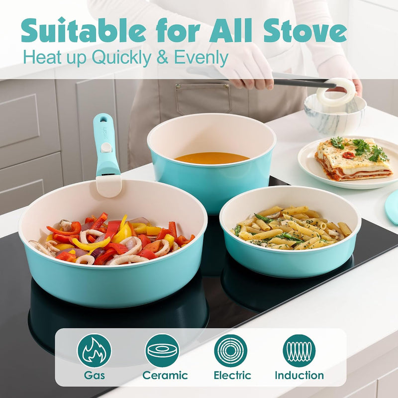 Ceramic Detachable Handle Pots and Pans Set Almond (17 Piece)