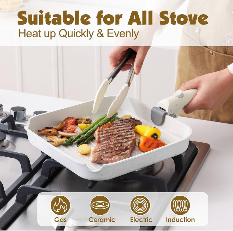 Ceramic Detachable Handle Pots and Pans Set Almond (17 Piece)