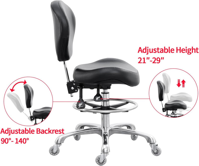 Chair Adjustable Tall Shop Stool Rolling with Back