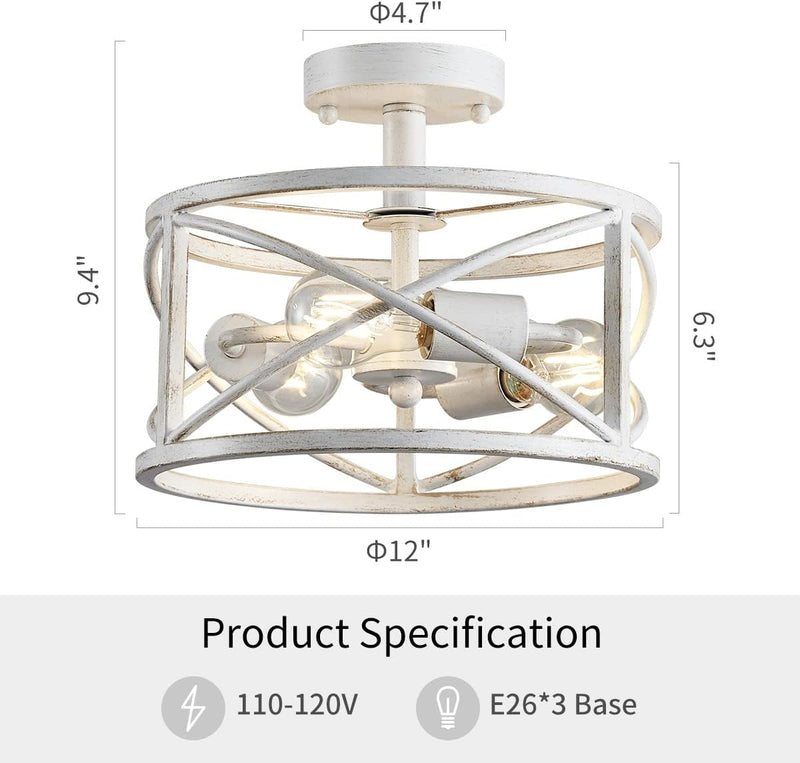 Chandelier 3-Light Vintage Farmhouse Industrial Semi-Flush