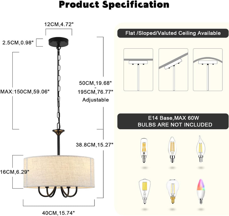 4- Chandelier for Living Room Fabric Shade Modern