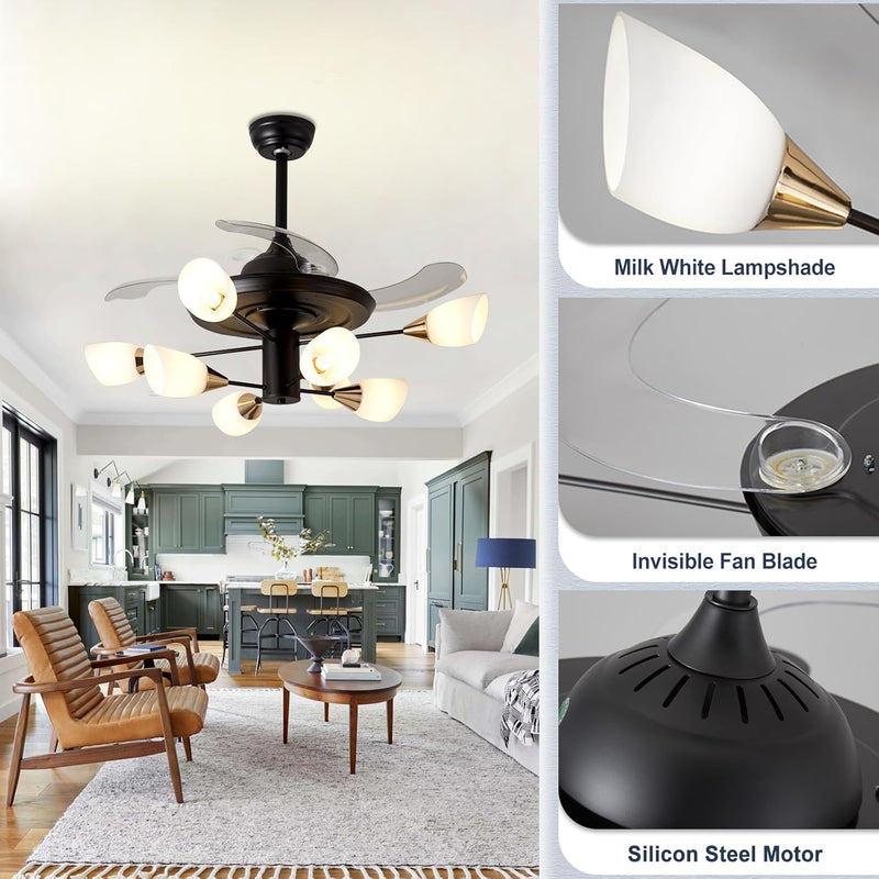 Chandelier with Fan Modern: 8 Lights Milky Globe