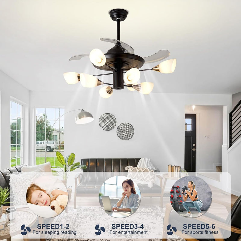 Chandelier with Fan Modern: 8 Lights Milky Globe