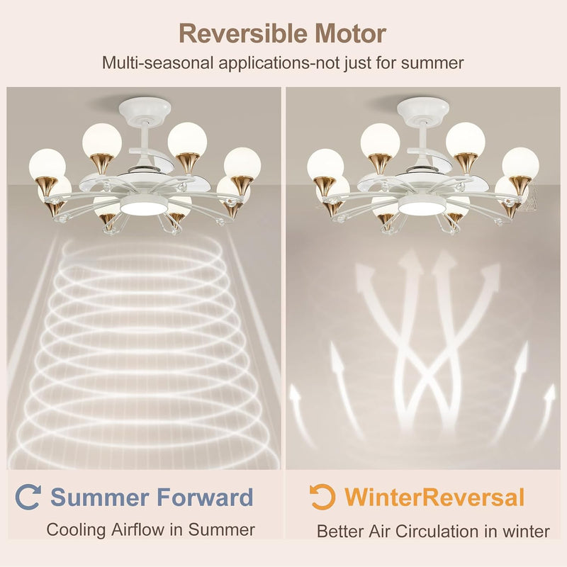 Chandelier with Fan Modern: 8 Lights Milky Globe