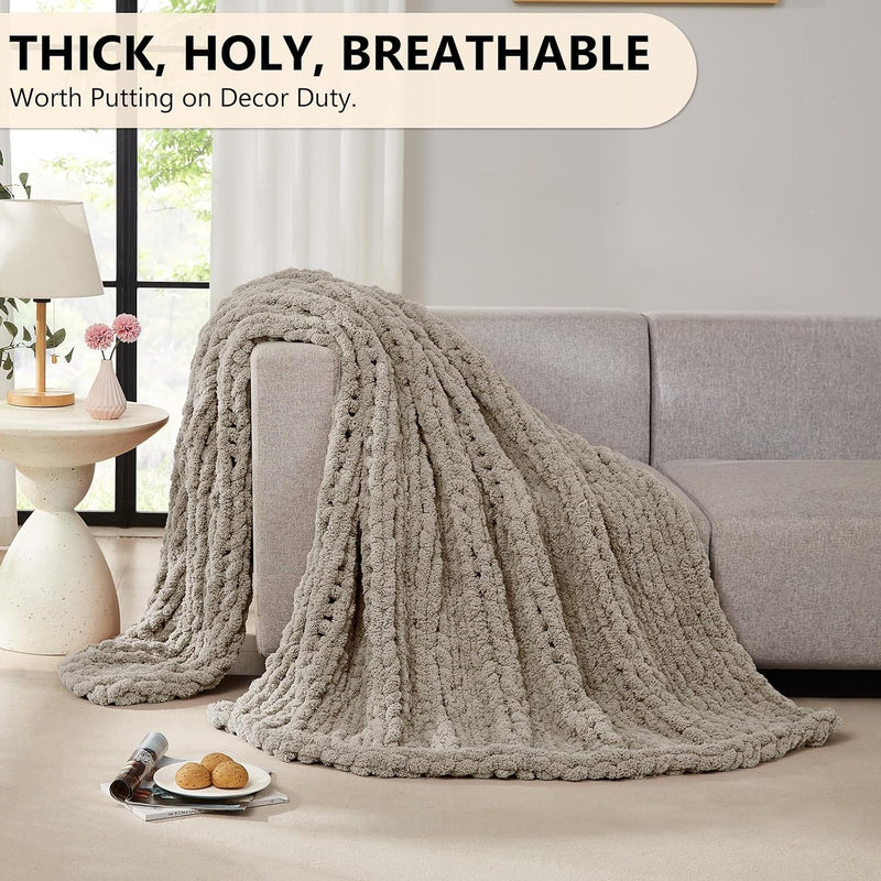 Chenille Chunky Knit Throw Blanket Oatmeal
