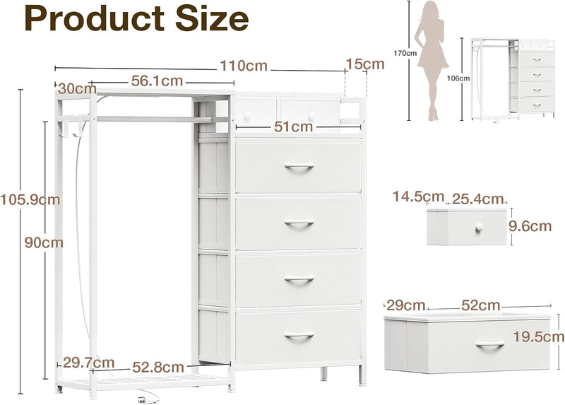 Chest of Drawers Bedroom with Hanging Rail 110x30x106CM