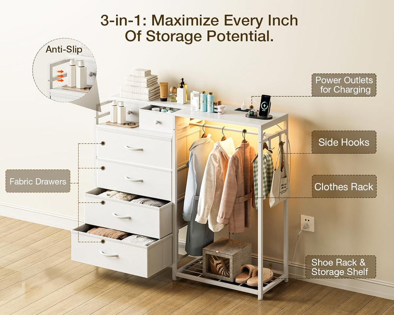 Chest of Drawers Bedroom with Hanging Rail 110x30x106CM