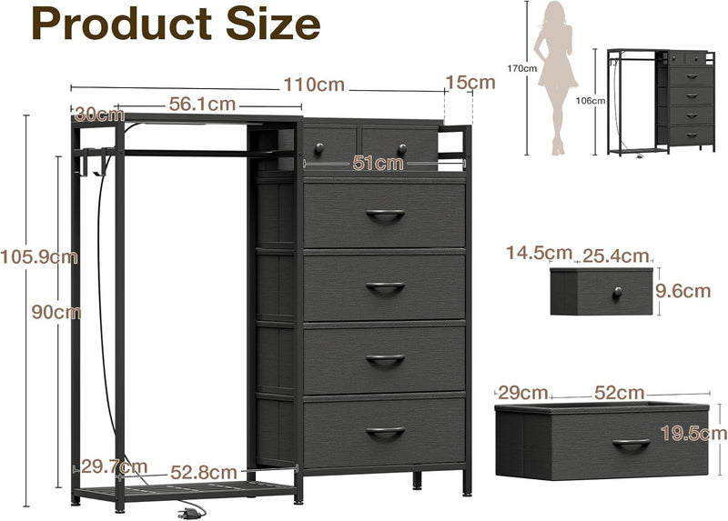 Chest of Drawers Bedroom with Hanging Rail 110x30x106CM