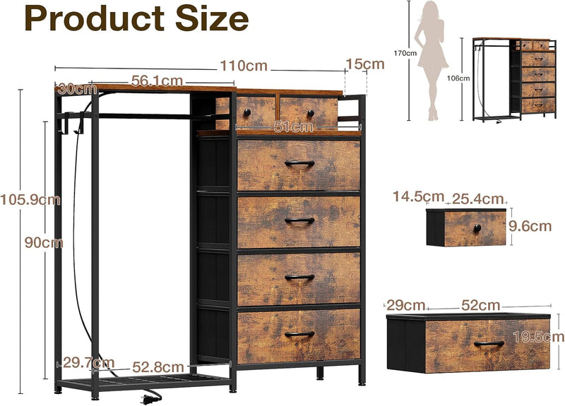 Chest of Drawers Bedroom with Hanging Rail 110x30x106CM