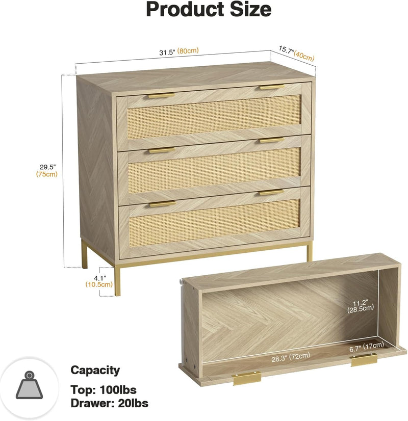 Chest of Drawers for Bedroom Rattan 3 Drawer